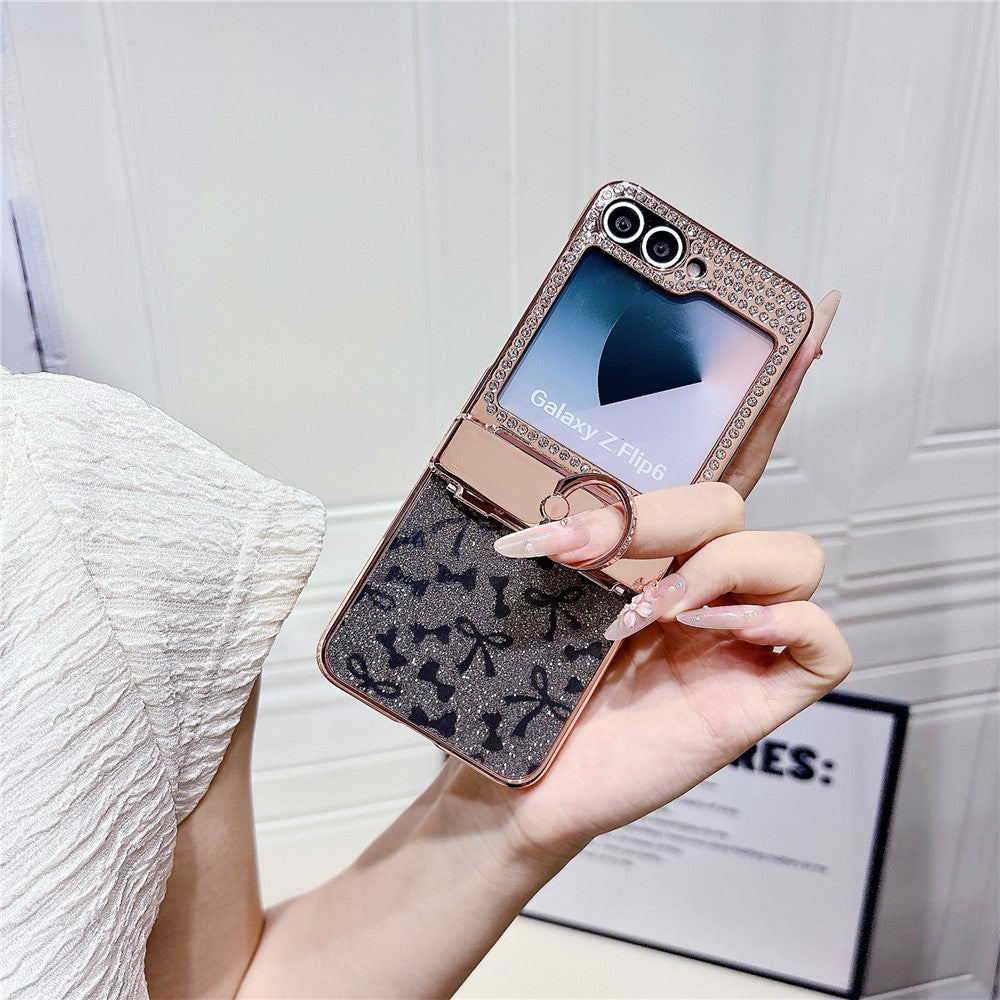 For Samsung Galaxy Z Flip7 FE 5G / Z Flip6 5G Case with Ring Holder Kickstand Bow Design Glitter PC Phone Cover