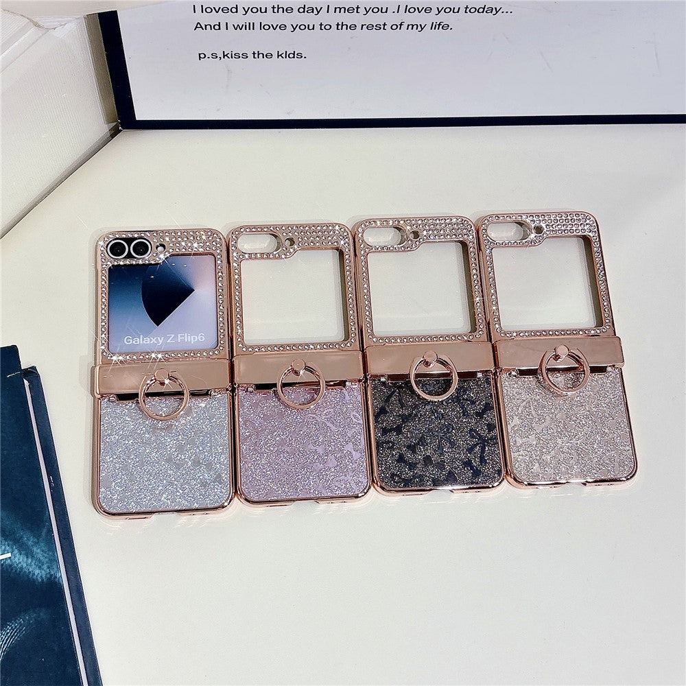 For Samsung Galaxy Z Flip7 FE 5G / Z Flip6 5G Case with Ring Holder Kickstand Bow Design Glitter PC Phone Cover