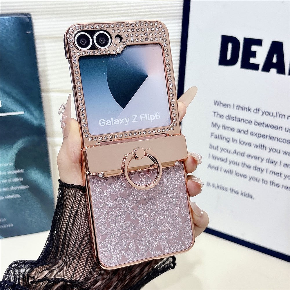 For Samsung Galaxy Z Flip7 FE 5G / Z Flip6 5G Case with Ring Holder Kickstand Bow Design Glitter PC Phone Cover