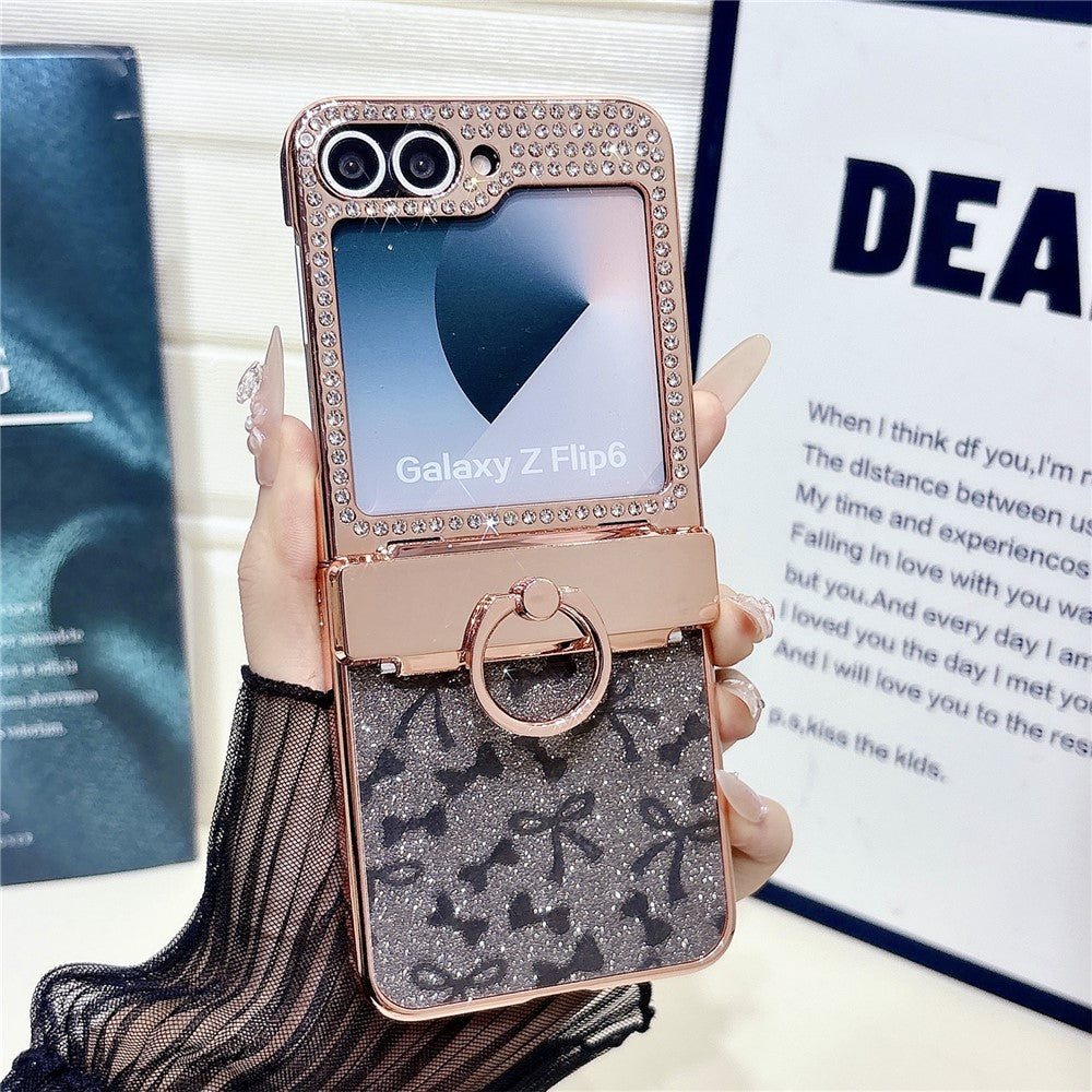 For Samsung Galaxy Z Flip7 FE 5G / Z Flip6 5G Case with Ring Holder Kickstand Bow Design Glitter PC Phone Cover