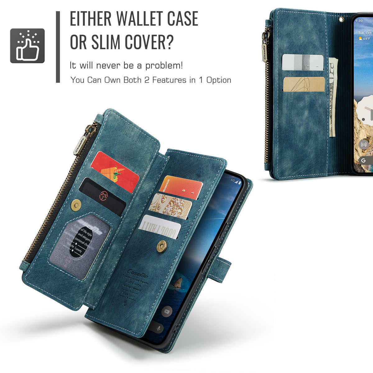 CASEME for Google Pixel 11 Pro / Google Pixel 11 C30 Phone Cases with Strap Zipper Multiple Card Holder PU Leather Cover