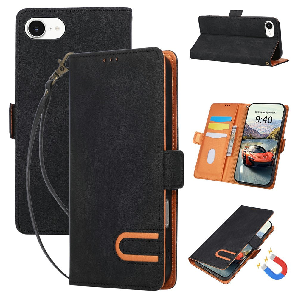 Til iPhone 17e / 16e cover U-formet dekoration magnetisk sideklap pung læder telefoncover med håndledsrem