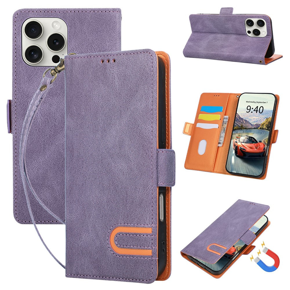 For iPhone 16 Pro Max Case U-Shape Decoration Magnetic Side Clasp Wallet Leather Phone Cover with Wrist Strap