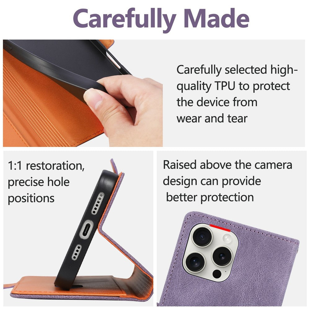 For iPhone 16 Pro Case U-Shape Decoration Magnetic Side Clasp Wallet Leather Phone Cover with Wrist Strap