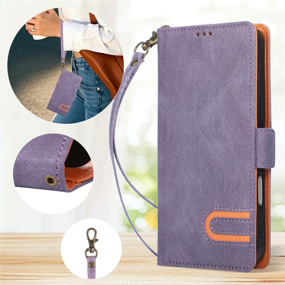 For iPhone 16 Pro Case U-Shape Decoration Magnetic Side Clasp Wallet Leather Phone Cover with Wrist Strap