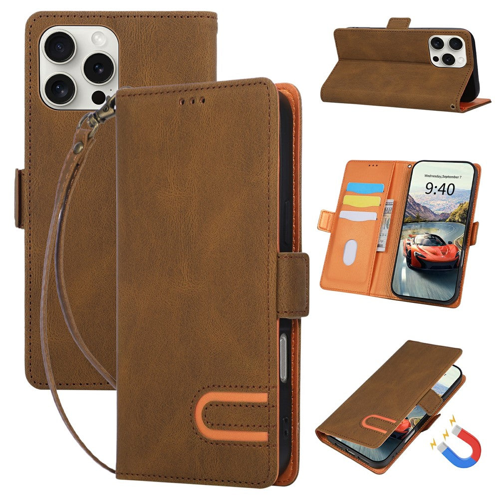 For iPhone 16 Pro Case U-Shape Decoration Magnetic Side Clasp Wallet Leather Phone Cover with Wrist Strap