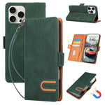 For iPhone 16 Pro Case U-Shape Decoration Magnetic Side Clasp Wallet Leather Phone Cover with Wrist Strap