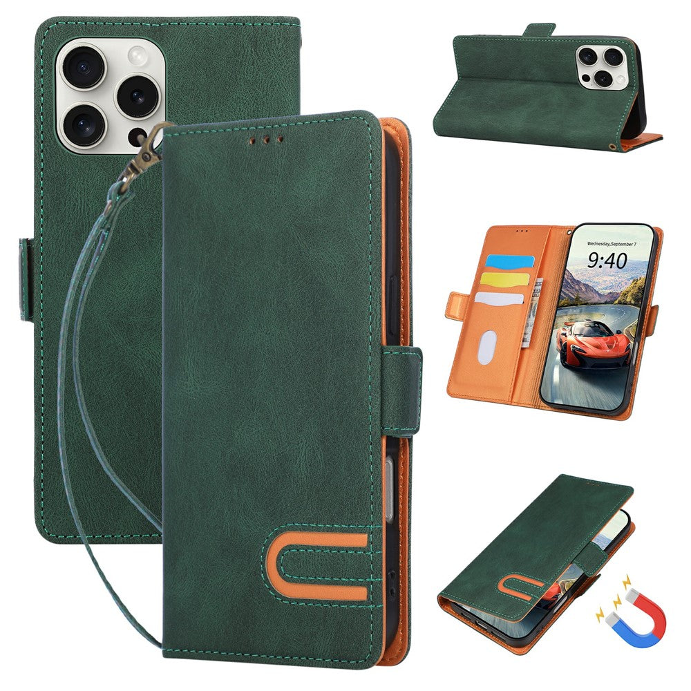 For iPhone 16 Pro Case U-Shape Decoration Magnetic Side Clasp Wallet Leather Phone Cover with Wrist Strap