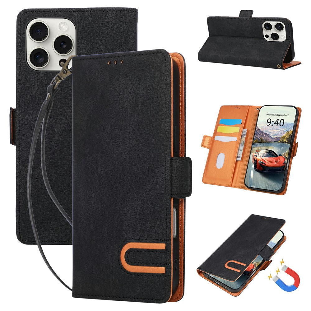For iPhone 16 Pro Case U-Shape Decoration Magnetic Side Clasp Wallet Leather Phone Cover with Wrist Strap