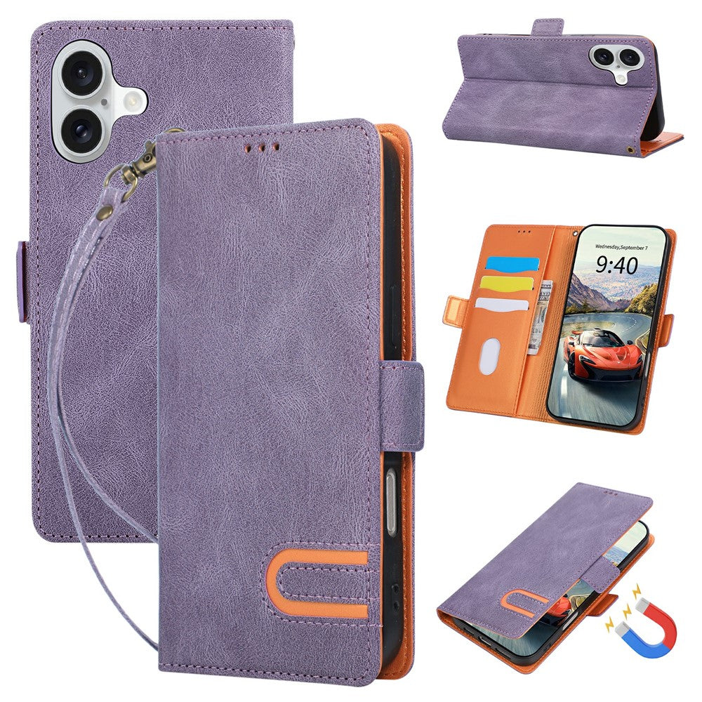 For iPhone 16 Case U-Shape Decoration Magnetic Side Clasp Wallet Leather Phone Cover with Wrist Strap