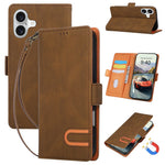 For iPhone 16 Case U-Shape Decoration Magnetic Side Clasp Wallet Leather Phone Cover with Wrist Strap
