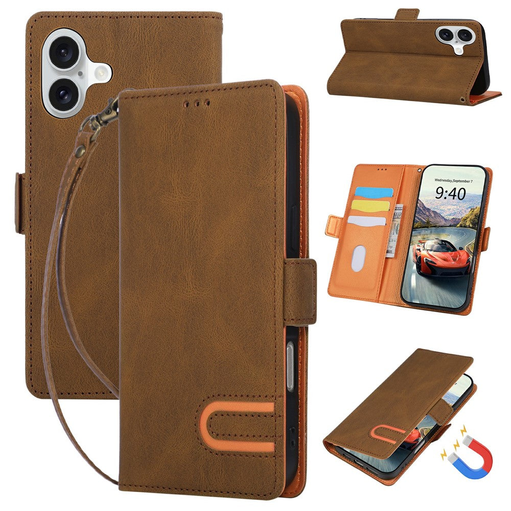 For iPhone 16 Case U-Shape Decoration Magnetic Side Clasp Wallet Leather Phone Cover with Wrist Strap