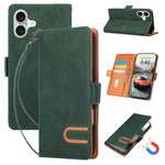 For iPhone 16 Case U-Shape Decoration Magnetic Side Clasp Wallet Leather Phone Cover with Wrist Strap