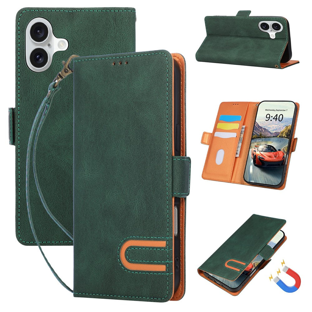 For iPhone 16 Case U-Shape Decoration Magnetic Side Clasp Wallet Leather Phone Cover with Wrist Strap