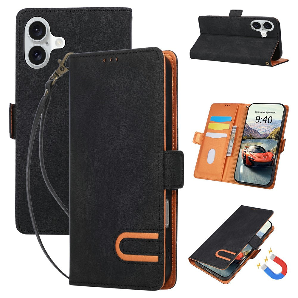 For iPhone 16 Case U-Shape Decoration Magnetic Side Clasp Wallet Leather Phone Cover with Wrist Strap