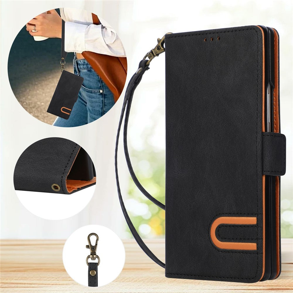 Til Samsung Galaxy Z Fold7 5G Etui U-formet Dekoration Magnetisk Side Lukning Pung Læder Telefoncover med Håndrem