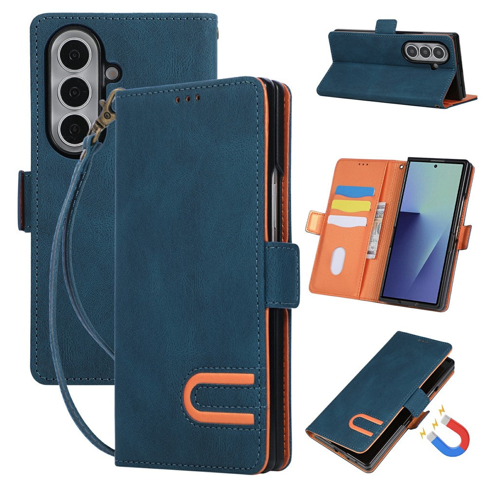 Til Samsung Galaxy Z Fold7 5G Etui U-formet Dekoration Magnetisk Side Lukning Pung Læder Telefoncover med Håndrem