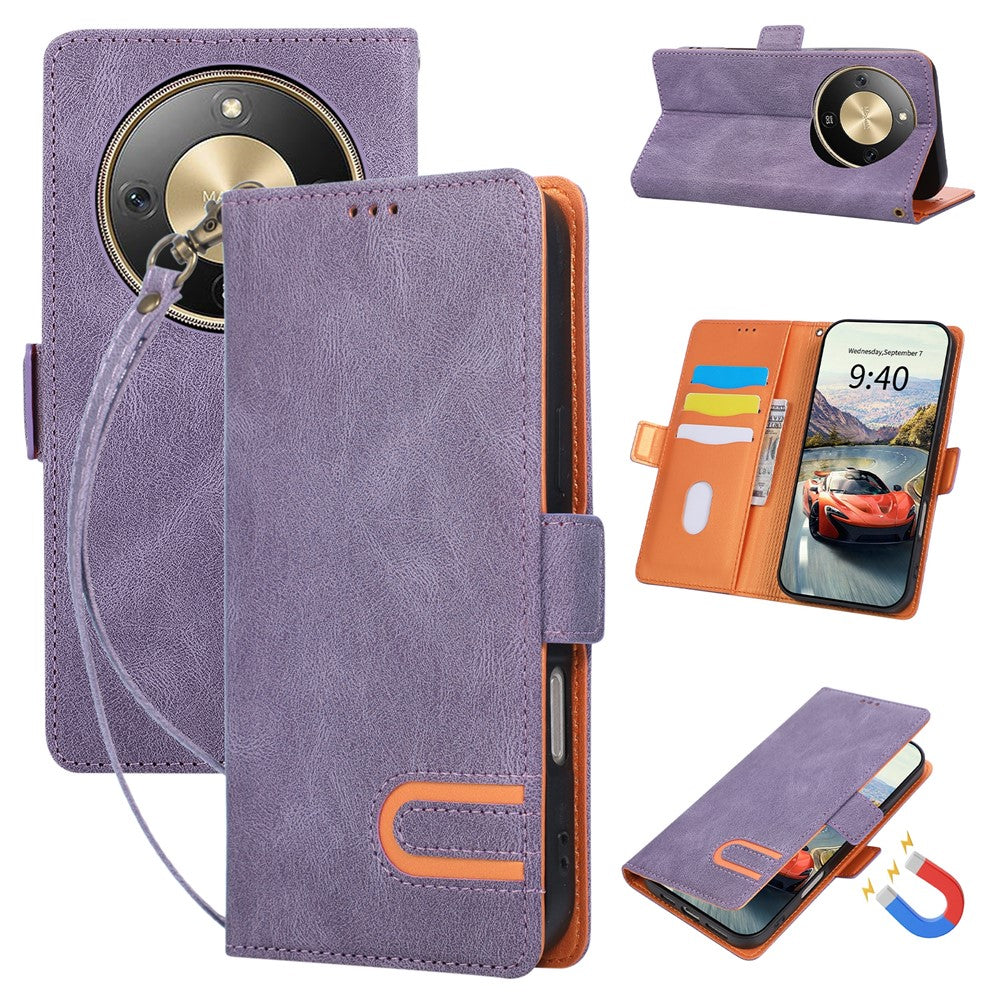 For Honor X70 5G  /  X9d 5G  /  Magic8 Lite 5G Case U-Shape Decoration Magnetic Side Clasp Wallet Leather Phone Cover with Wrist Strap