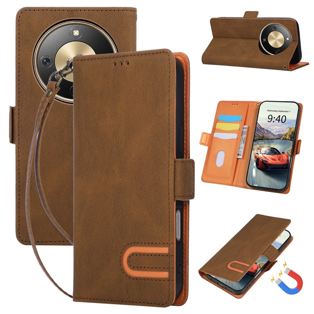 For Honor X70 5G  /  X9d 5G  /  Magic8 Lite 5G Case U-Shape Decoration Magnetic Side Clasp Wallet Leather Phone Cover with Wrist Strap