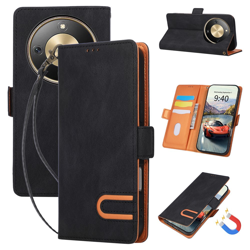 For Honor X70 5G  /  X9d 5G  /  Magic8 Lite 5G Case U-Shape Decoration Magnetic Side Clasp Wallet Leather Phone Cover with Wrist Strap