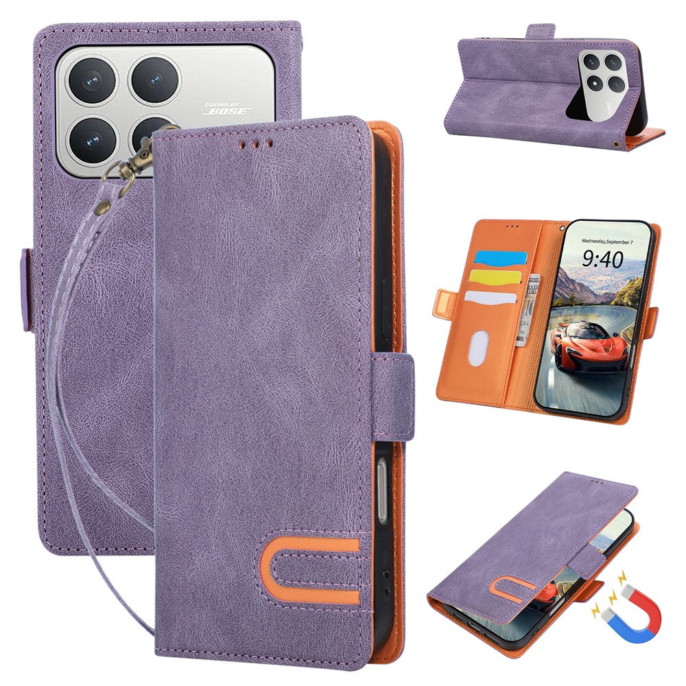 For Xiaomi Poco F8 Pro 5G  /  Redmi K90 5G Case U-Shape Decoration Magnetic Side Clasp Wallet Leather Phone Cover with Wrist Strap