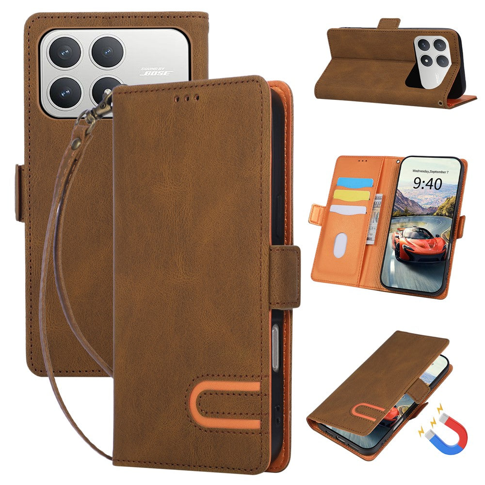 For Xiaomi Poco F8 Pro 5G  /  Redmi K90 5G Case U-Shape Decoration Magnetic Side Clasp Wallet Leather Phone Cover with Wrist Strap