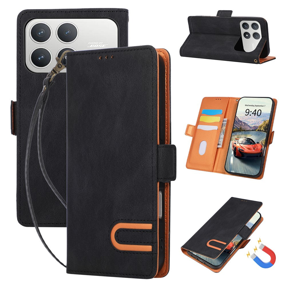 For Xiaomi Poco F8 Pro 5G  /  Redmi K90 5G Case U-Shape Decoration Magnetic Side Clasp Wallet Leather Phone Cover with Wrist Strap