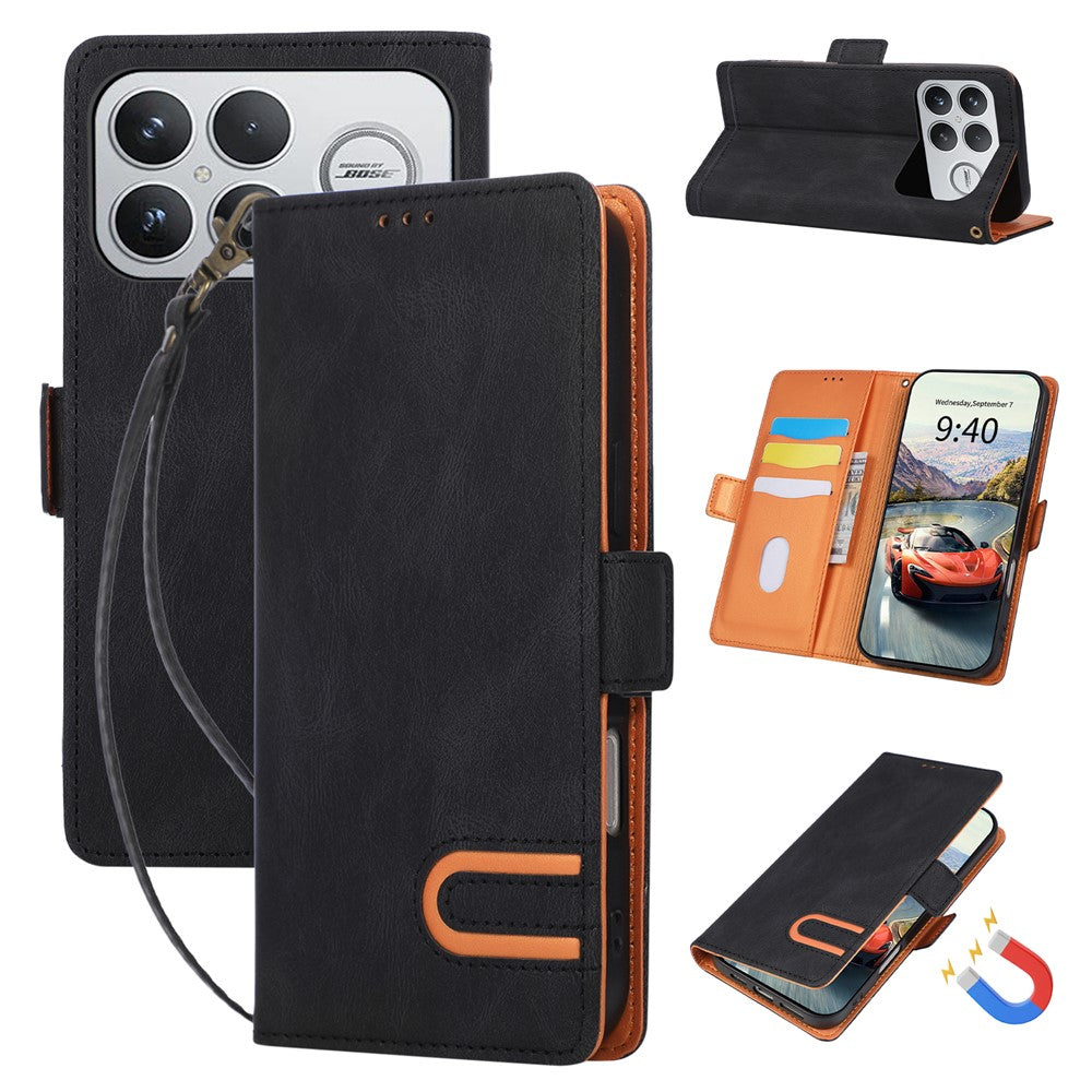 Xiaomi Poco F8 Ultra / Redmi K90 Pro Max 5G-skal U-formad dekoration magnetisk sidospänne plånbok lädermobilskal med handledsrem