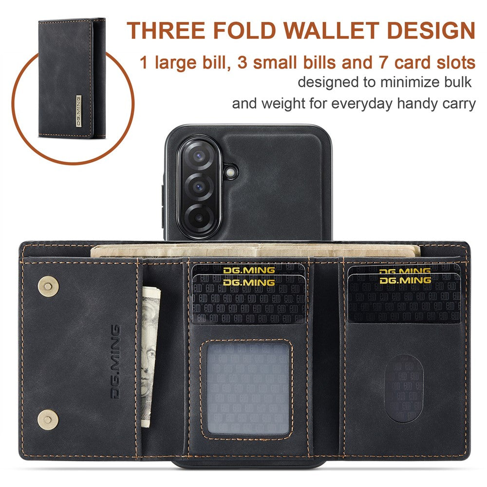 DG.MING M1 Series for Samsung Galaxy A27 5G Phone Case PU + TPU + PC Back Cover with Magnetic Tri-Fold Wallet Kickstand