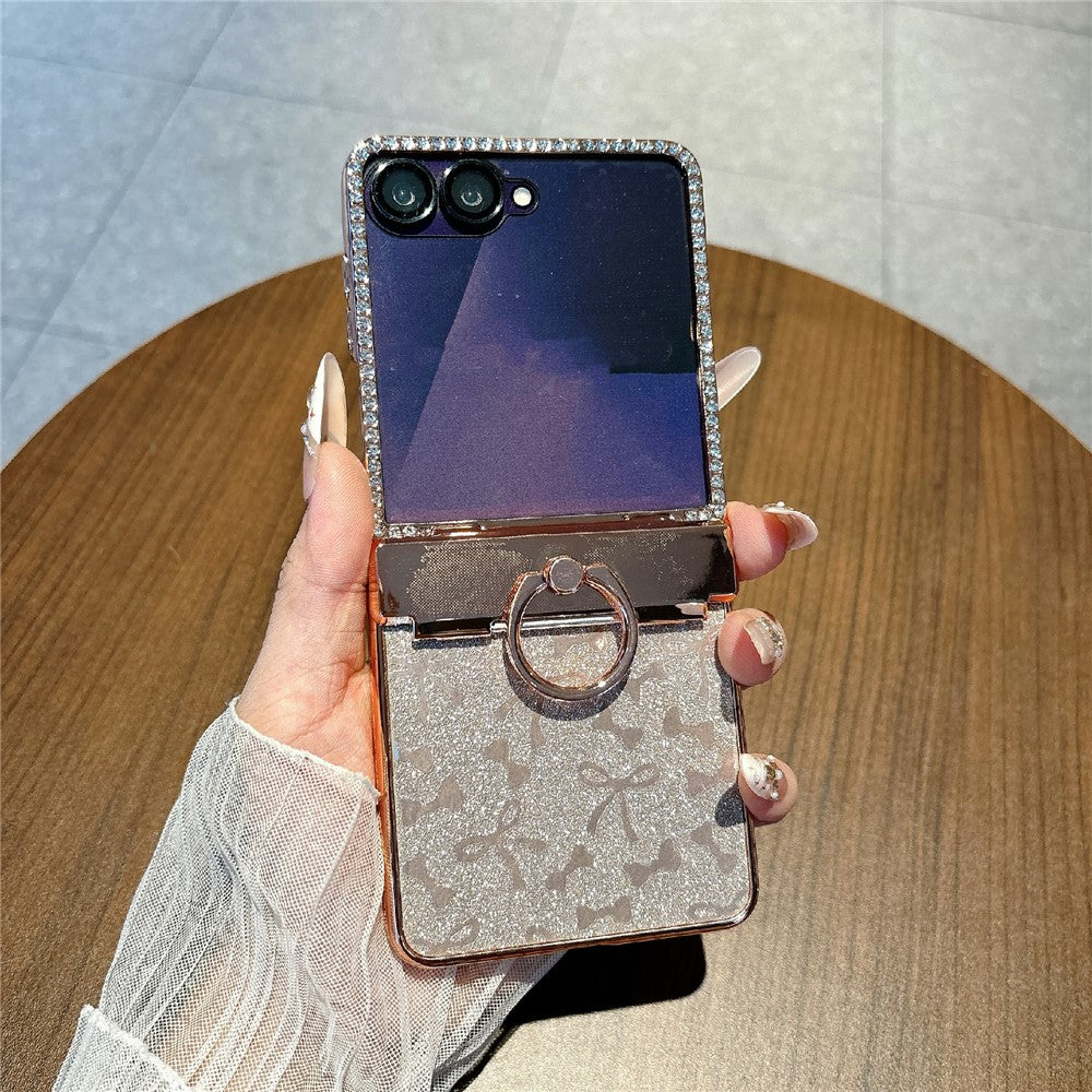 For Samsung Galaxy Z Flip7 5G Case with Ring Holder Kickstand Bow Design Glitter PC Phone Cover
