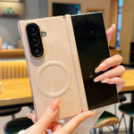 For Samsung Galaxy Z Fold7 5G Magnetic Case Dual Hinge Denim Texture Leather + PC + TPU Phone Cover