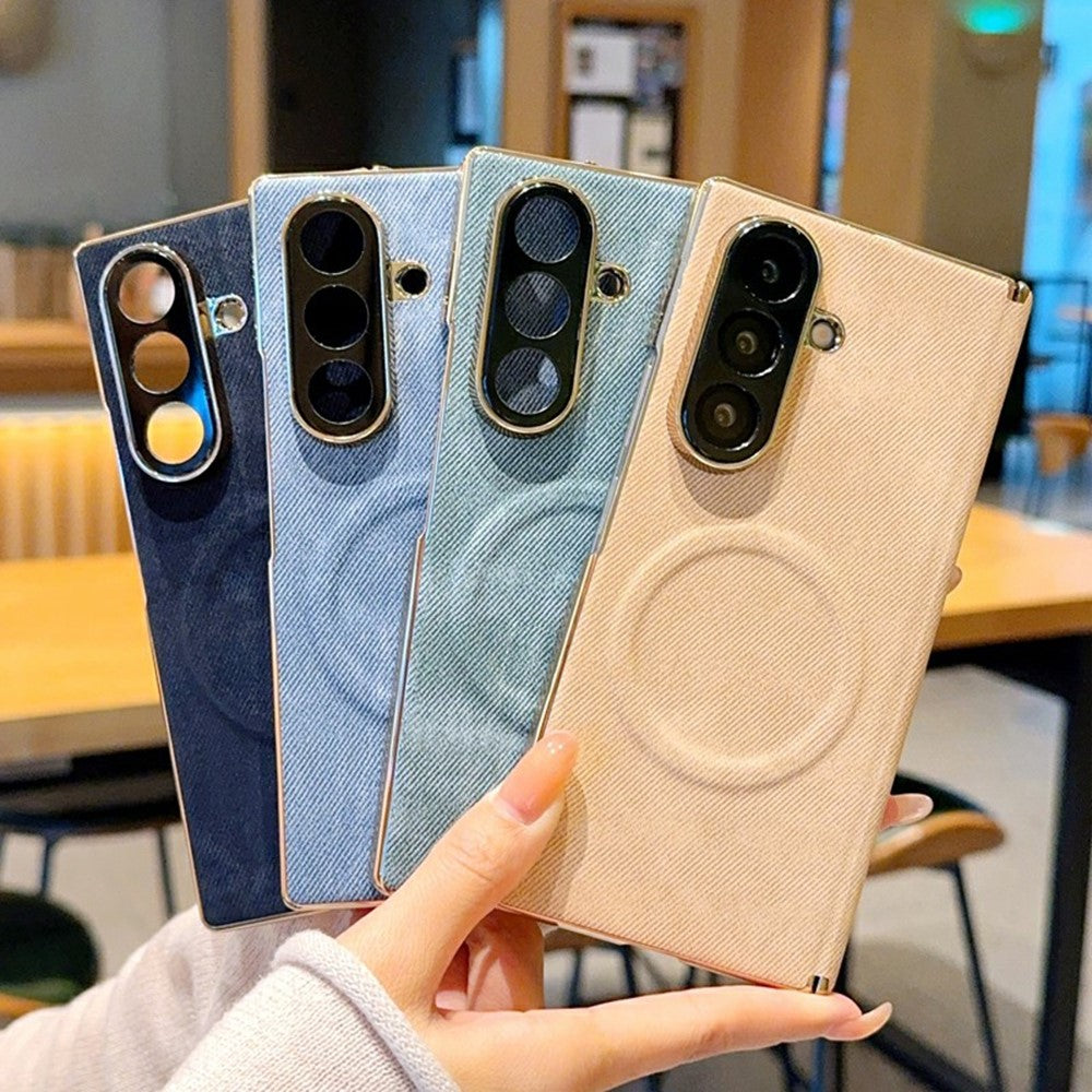 For Samsung Galaxy Z Fold7 5G Magnetic Case Dual Hinge Denim Texture Leather + PC + TPU Phone Cover