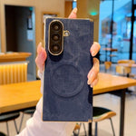 For Samsung Galaxy Z Fold7 5G Magnetic Case Dual Hinge Denim Texture Leather + PC + TPU Phone Cover