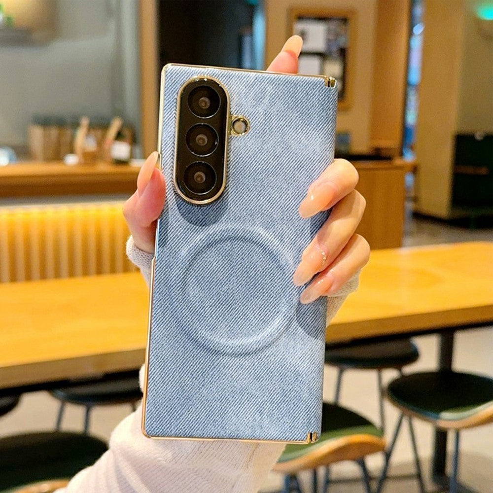 For Samsung Galaxy Z Fold7 5G Magnetic Case Dual Hinge Denim Texture Leather + PC + TPU Phone Cover