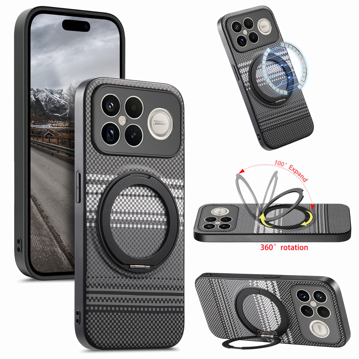Xiaomi Redmi K90 Pro Max 5G / Xiaomi Poco F8 Ultra magnetisk cover med roterende stativ, PU-læder + TPU-mobilcover
