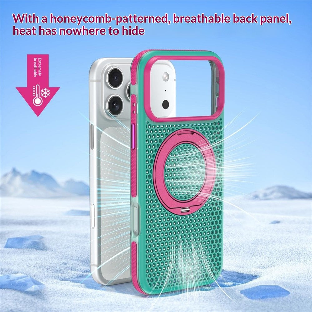 For iPhone 18 Pro / 17 Pro Case Magnetic Kickstand PC+TPU+TPE Honeycomb Cooling Phone Cover