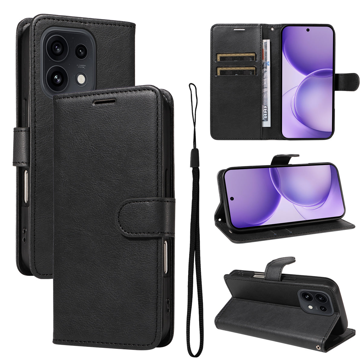 For Oppo Reno16 5G (Global) / Oppo Reno16 Pro 5G (Global) Leather Wallet Case with Strap Solid Color Phone Stand Cover