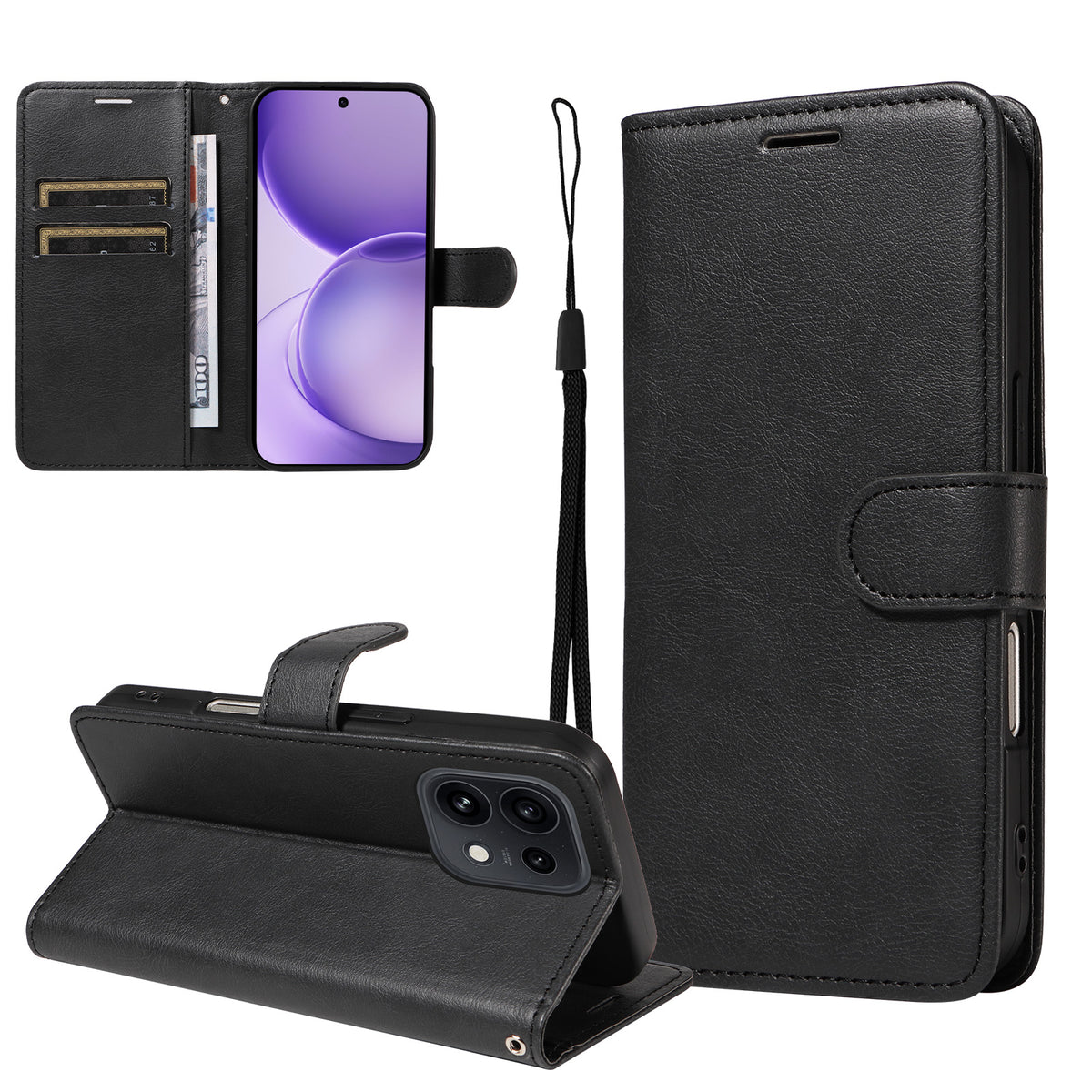 For Oppo Reno16 5G (Global) / Oppo Reno16 Pro 5G (Global) Leather Wallet Case with Strap Solid Color Phone Stand Cover