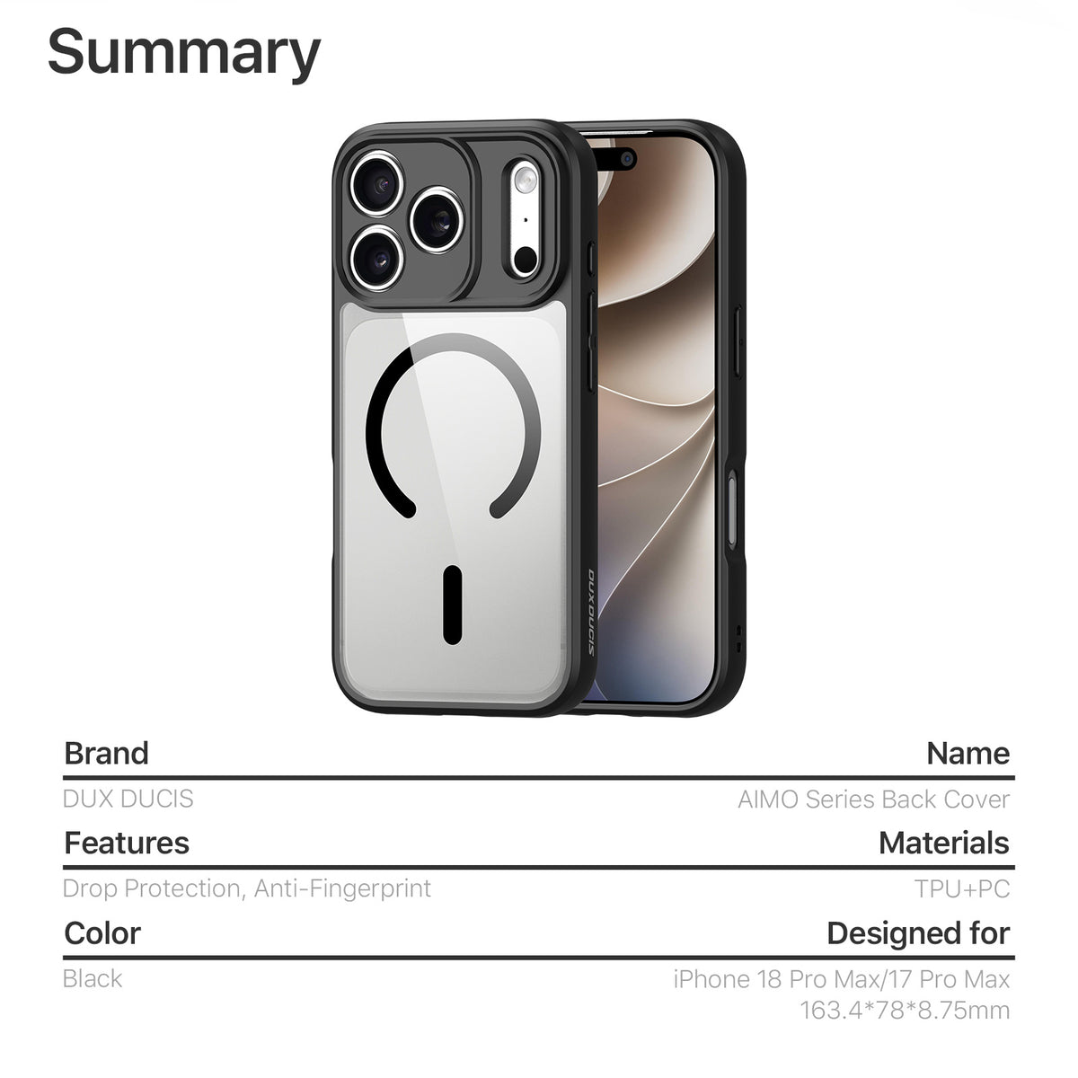 DUX DUCIS for iPhone 17 Pro Max / iPhone 18 Pro Max Aimo Series Magnetic Case PC + TPU Clear Back Phone Cover (REACH Certification)