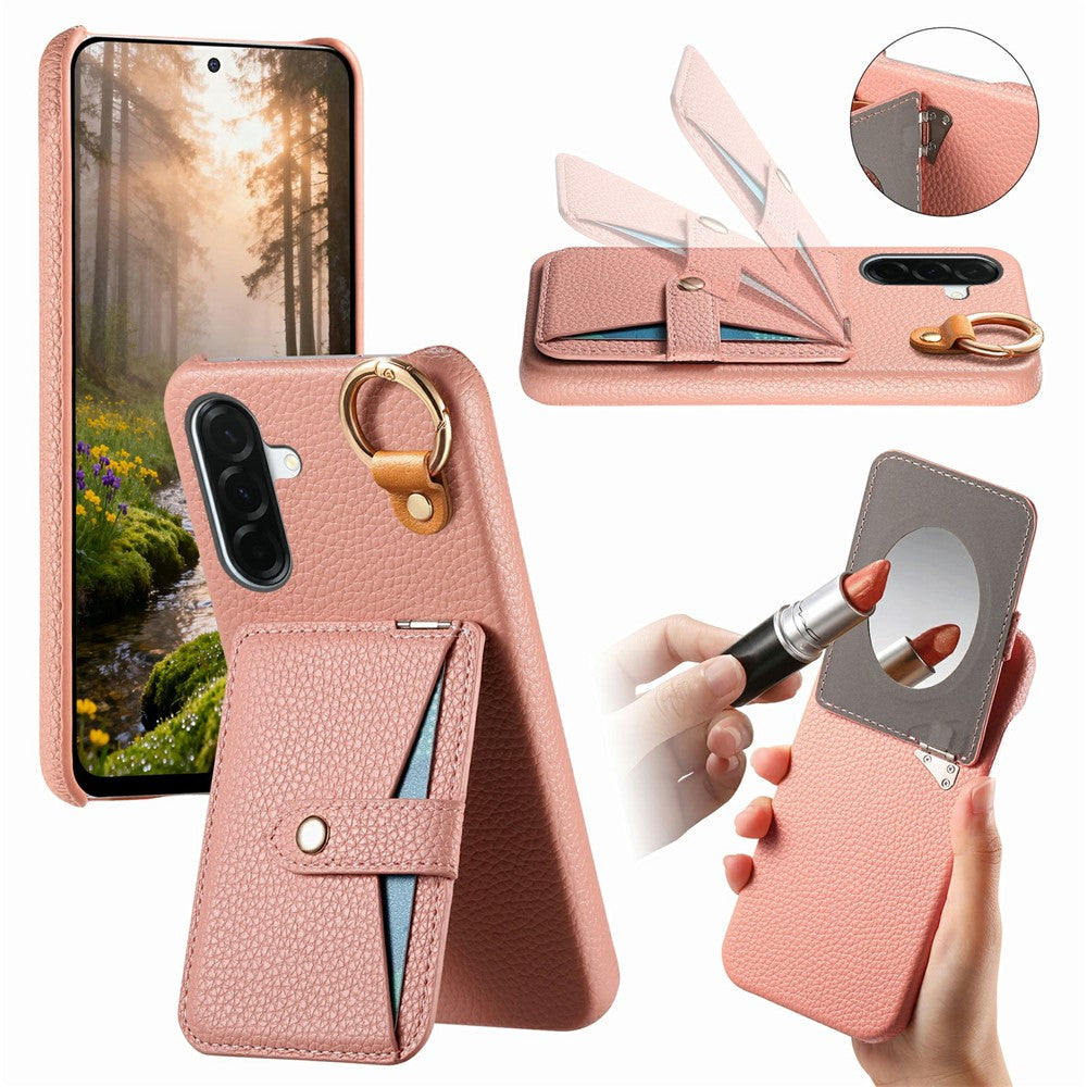 For Samsung Galaxy A37 5G Case Card Slot Kickstand Litchi Texture Leatrher + PC Phone Cover with Mirror