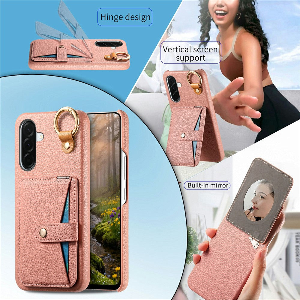 For Samsung Galaxy A37 5G Case Card Slot Kickstand Litchi Texture Leatrher + PC Phone Cover with Mirror