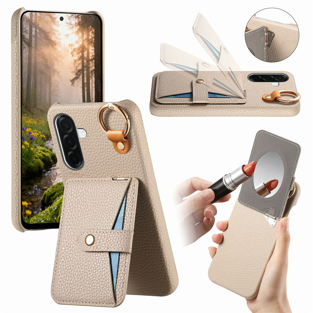 For Samsung Galaxy A37 5G Case Card Slot Kickstand Litchi Texture Leatrher + PC Phone Cover with Mirror