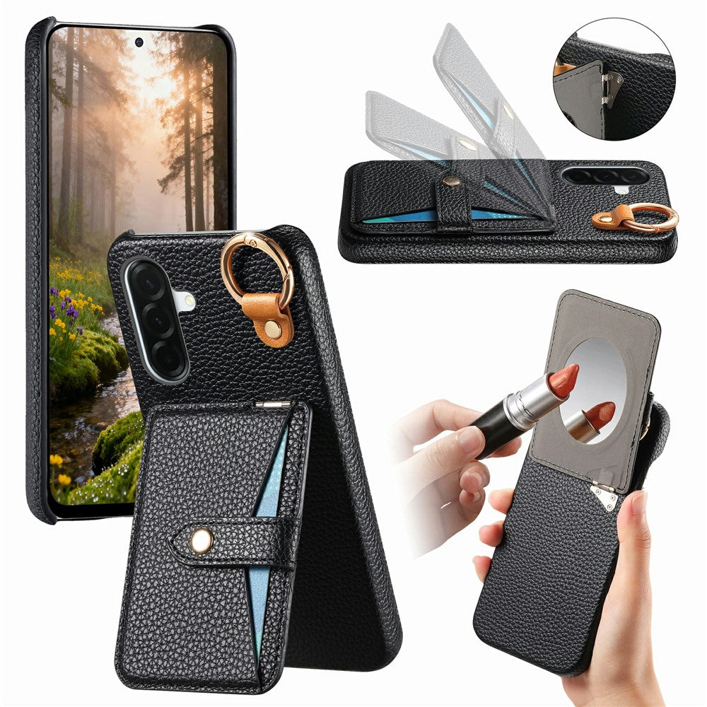 For Samsung Galaxy A37 5G Case Card Slot Kickstand Litchi Texture Leatrher + PC Phone Cover with Mirror
