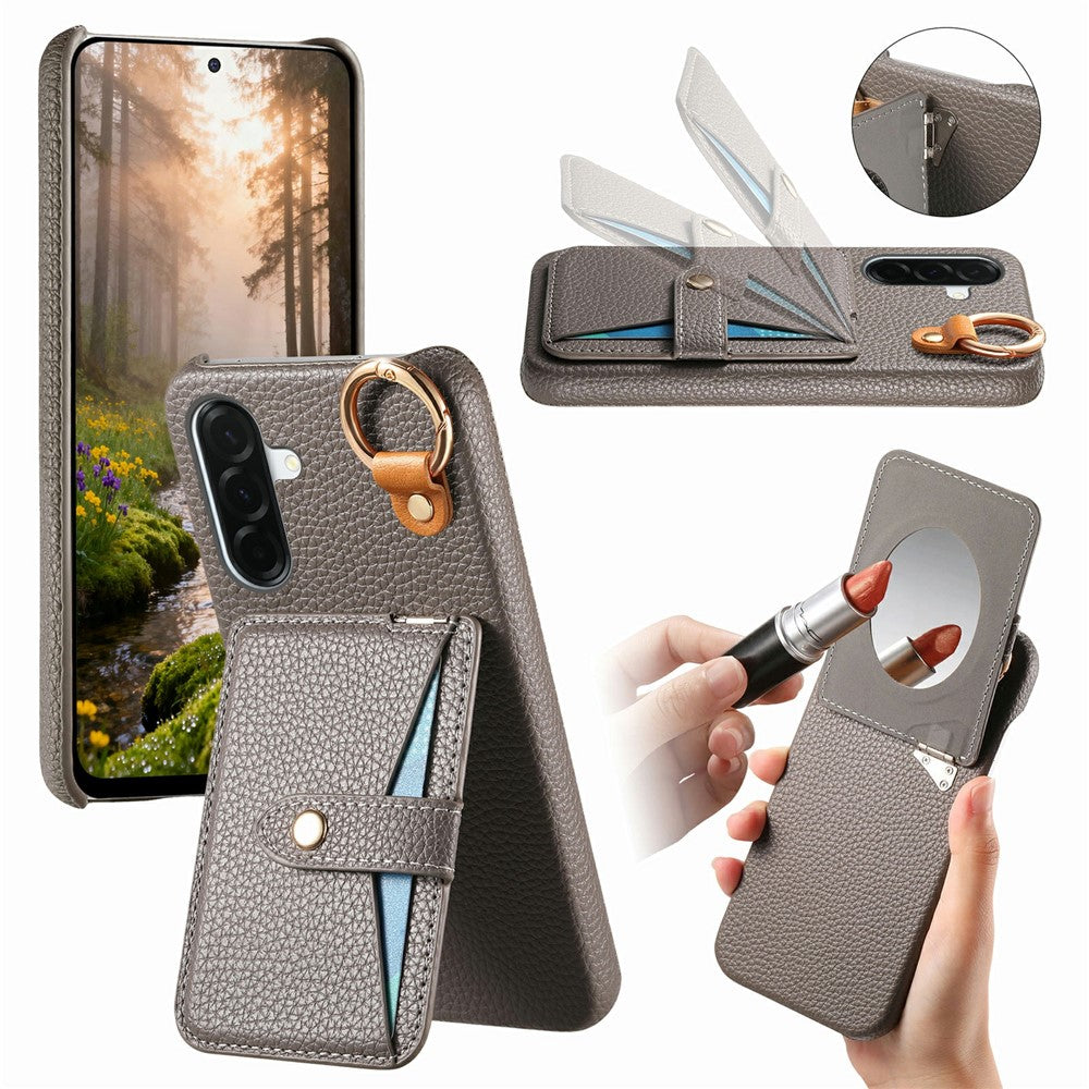For Samsung Galaxy A37 5G Case Card Slot Kickstand Litchi Texture Leatrher + PC Phone Cover with Mirror