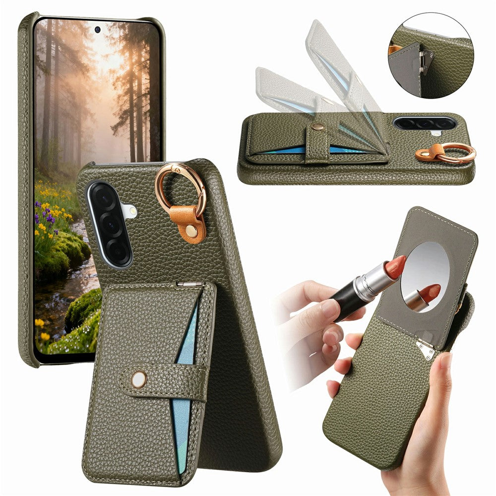 For Samsung Galaxy A37 5G Case Card Slot Kickstand Litchi Texture Leatrher + PC Phone Cover with Mirror