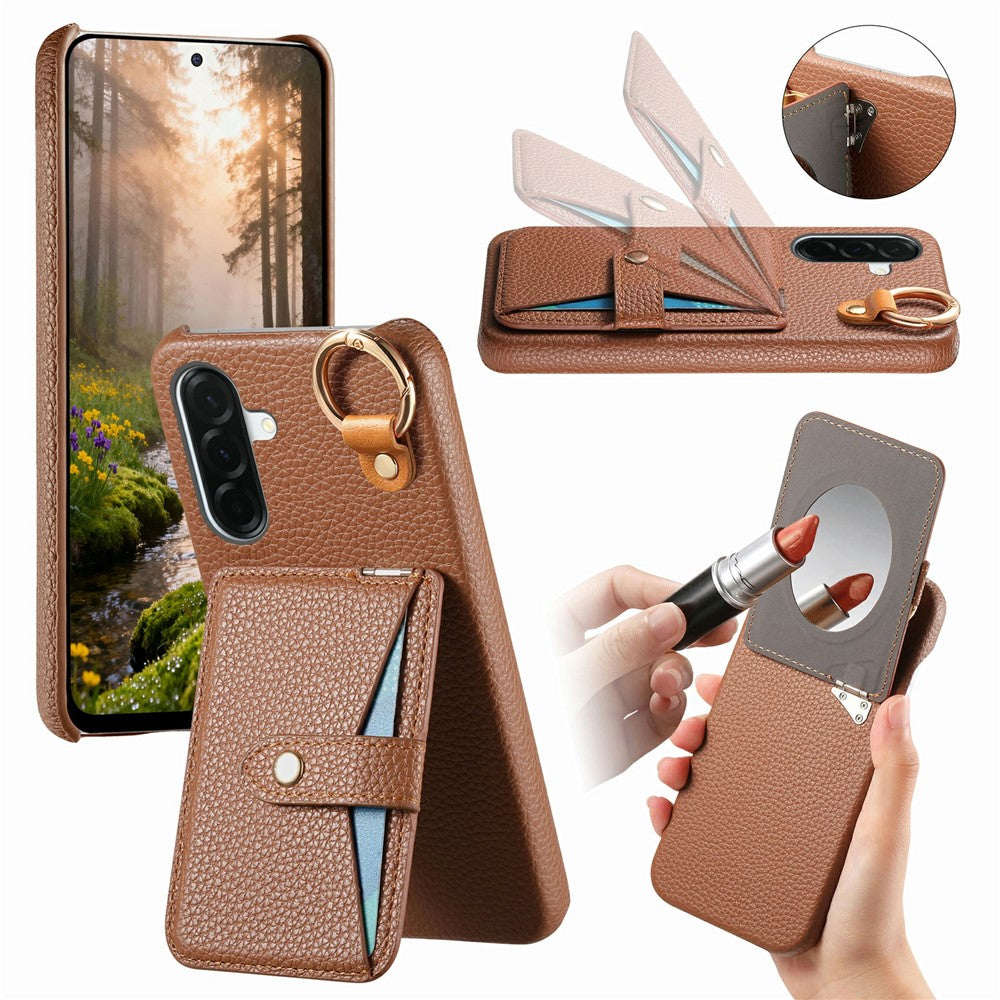 For Samsung Galaxy A37 5G Case Card Slot Kickstand Litchi Texture Leatrher + PC Phone Cover with Mirror