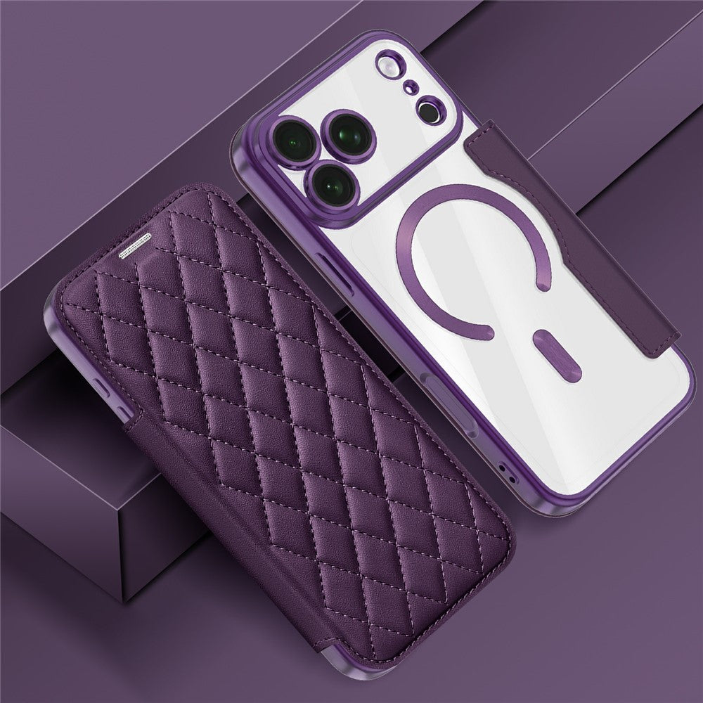 For iPhone 18 Pro Max Magnetic Case RFID Blocking Card Holder Rhombus PU Leather Phone Cover with Lens Film