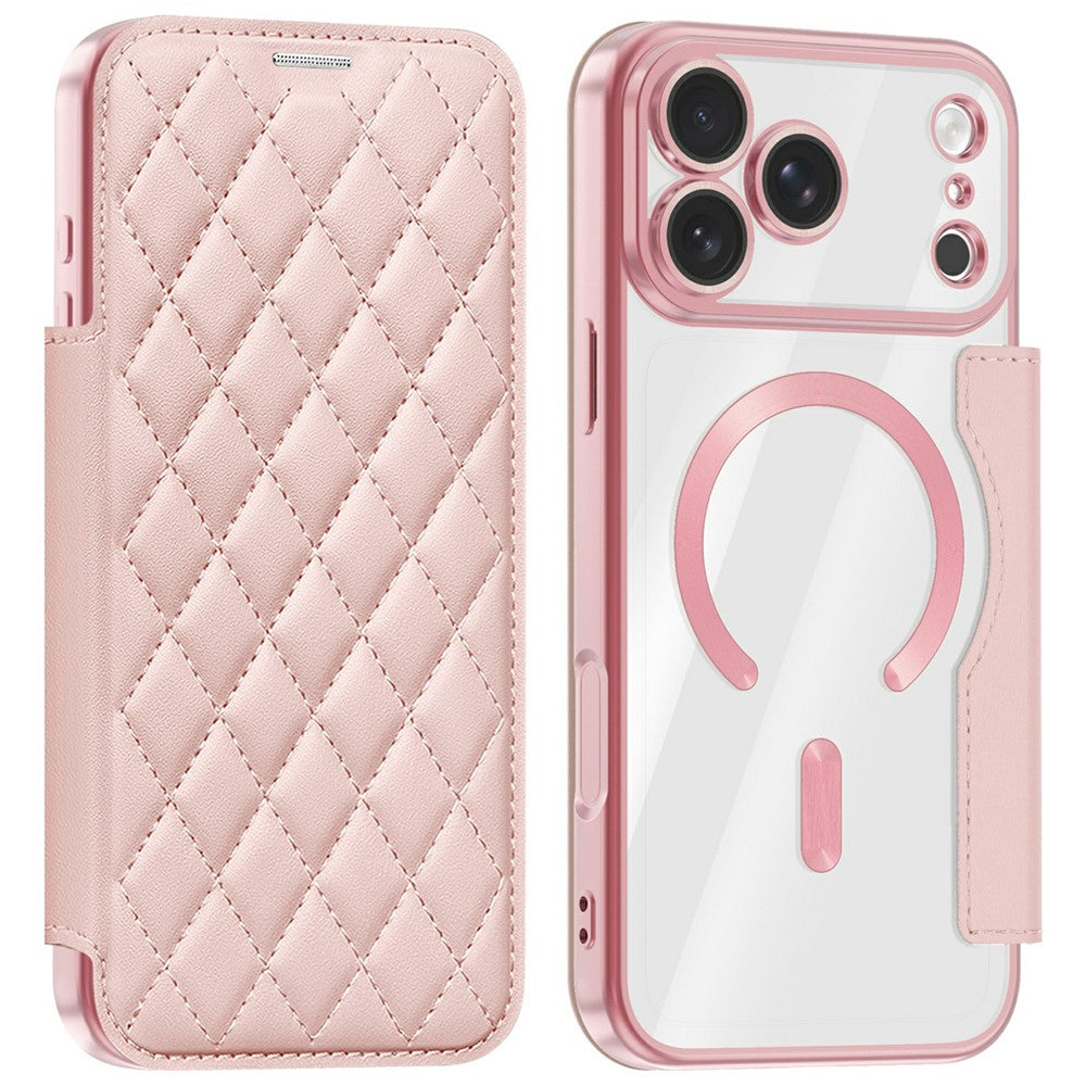 For iPhone 18 Pro Max Magnetic Case RFID Blocking Card Holder Rhombus PU Leather Phone Cover with Lens Film