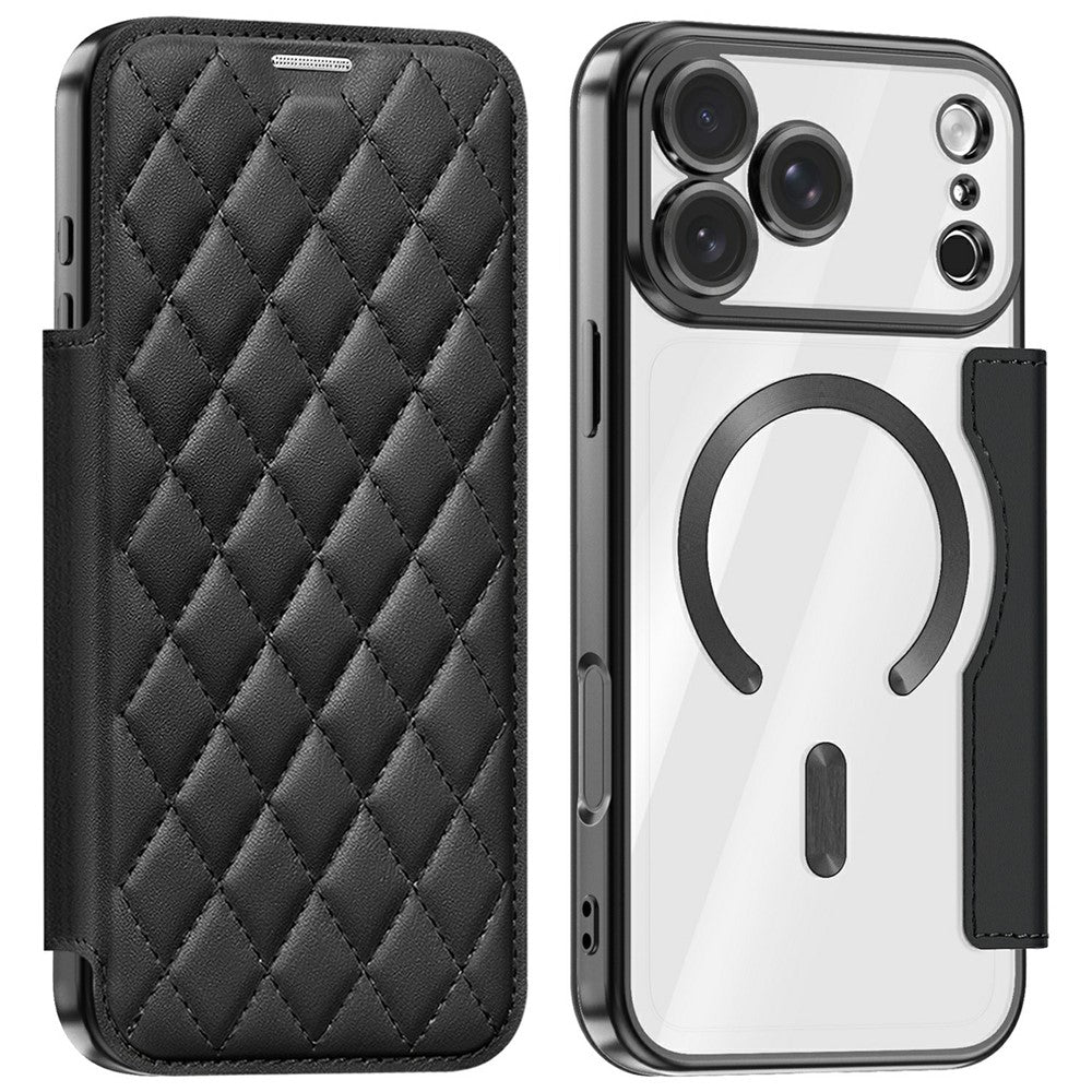 For iPhone 18 Pro Max Magnetic Case RFID Blocking Card Holder Rhombus PU Leather Phone Cover with Lens Film