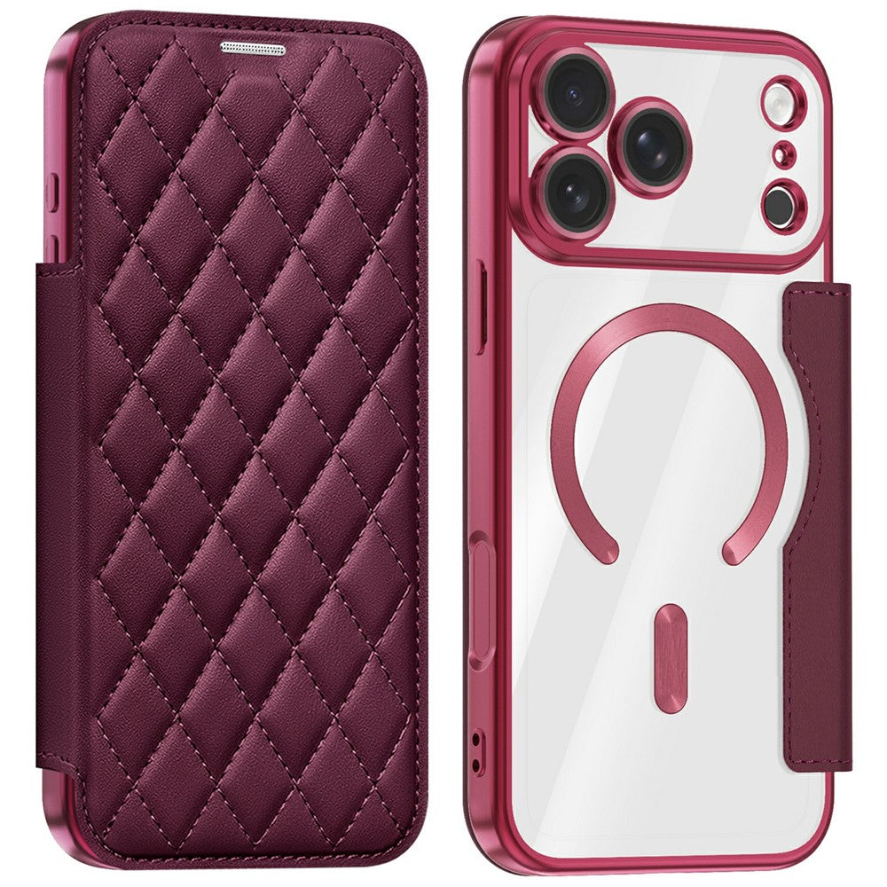 For iPhone 18 Pro Max Magnetic Case RFID Blocking Card Holder Rhombus PU Leather Phone Cover with Lens Film